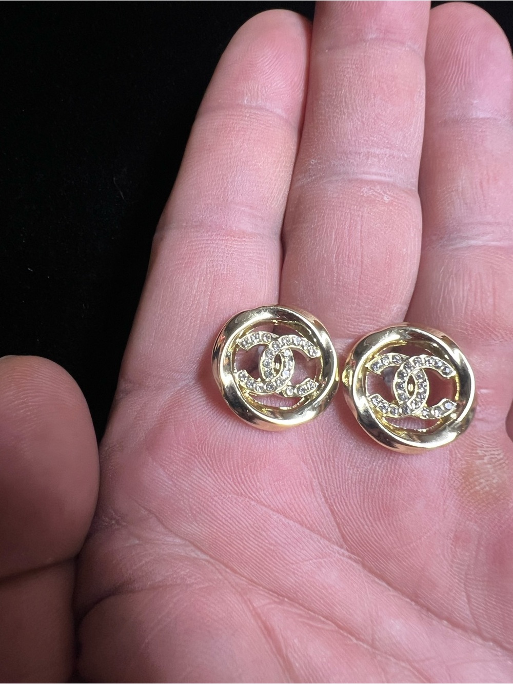 Double C Faux Crystal Logo in Gold - Tone Stud Earrings For Pierced Ears NEW